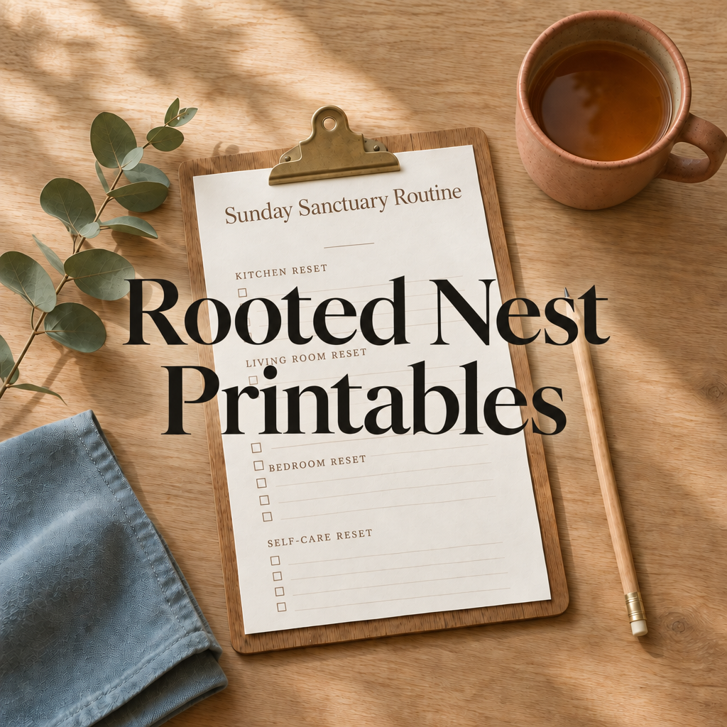 Flat lay with Sunday Sanctuary Routine checklist text