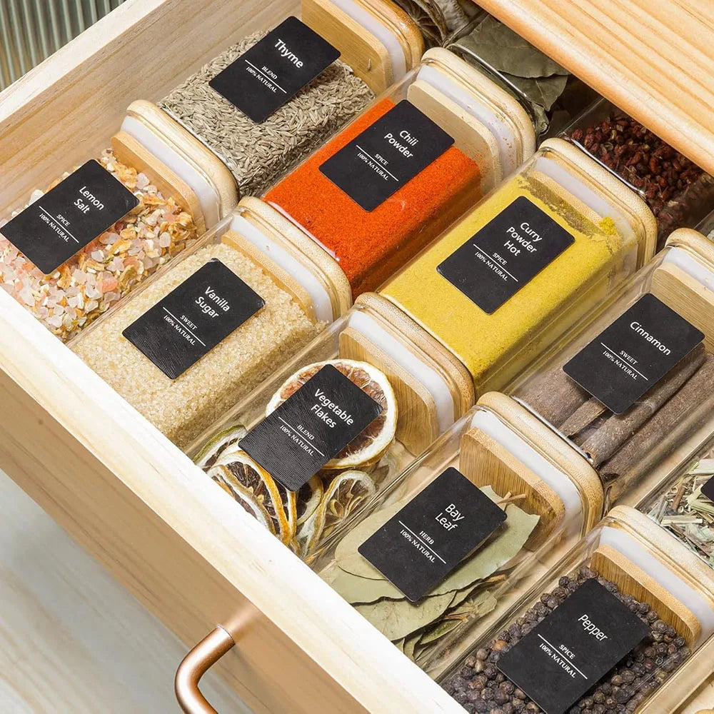 8oz Glass Spice Jars with Bamboo Lids – Airtight Square Containers with Black Labels