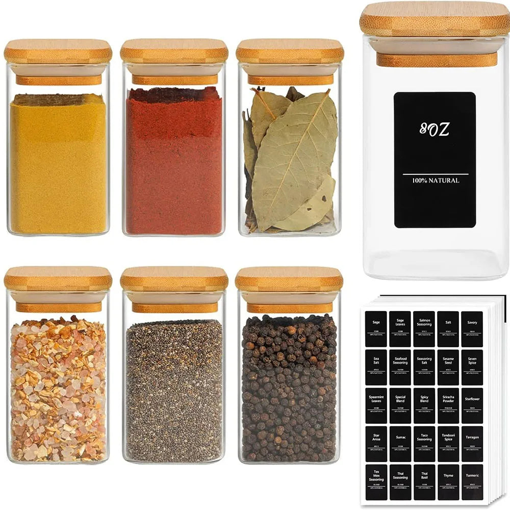 8oz Glass Spice Jars with Bamboo Lids – Airtight Square Containers with Black Labels