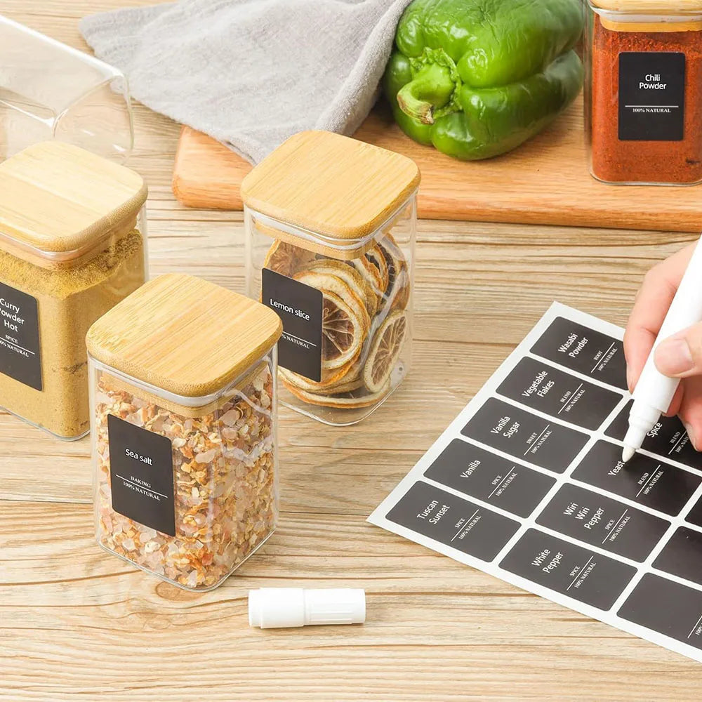 8oz Glass Spice Jars with Bamboo Lids – Airtight Square Containers with Black Labels