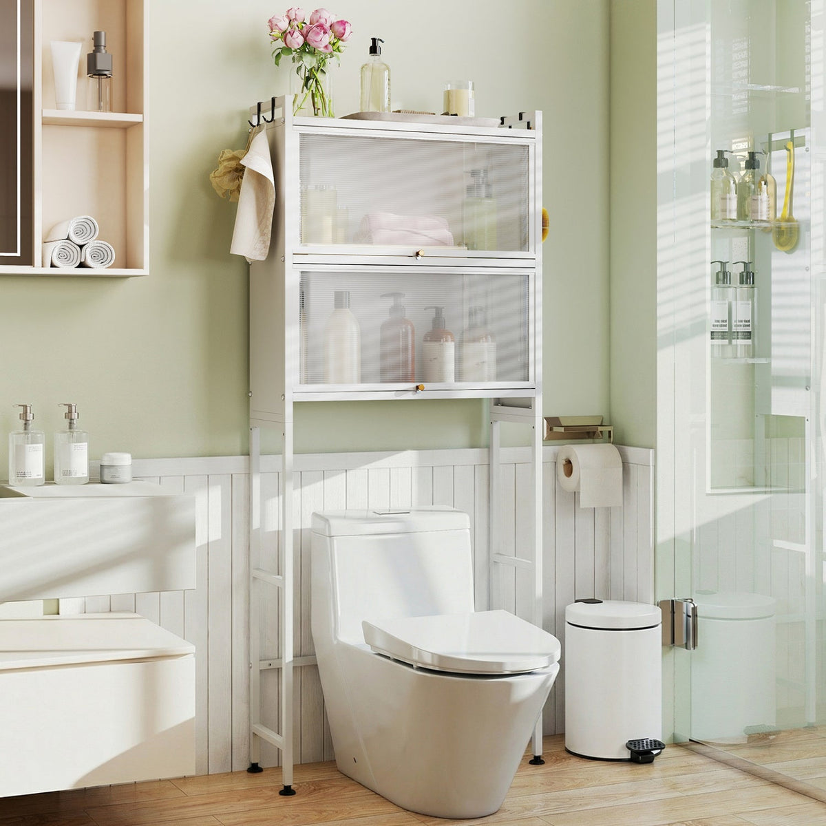 Over-the-Toilet Cabinet Organizer with Flip-Up Cabinets