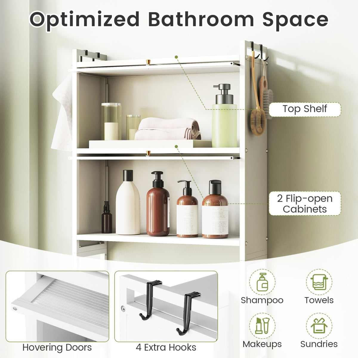 Over-the-Toilet Cabinet Organizer with Flip-Up Cabinets