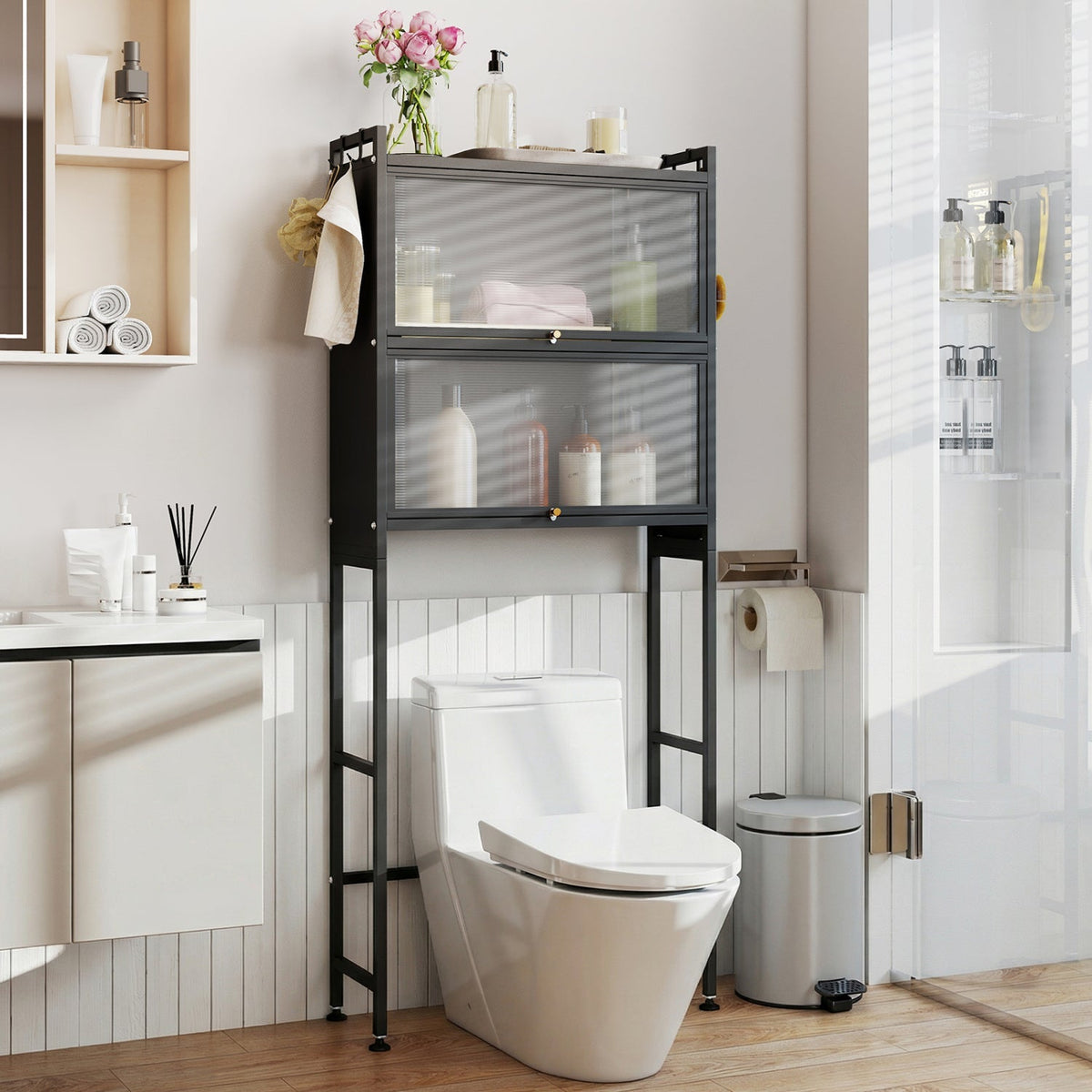 Over-the-Toilet Cabinet Organizer with Flip-Up Cabinets