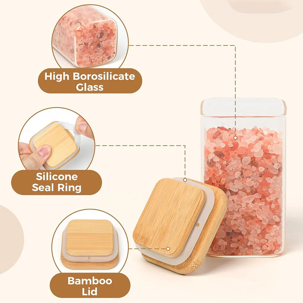 8oz Glass Spice Jars with Bamboo Lids – Airtight Square Containers with Black Labels