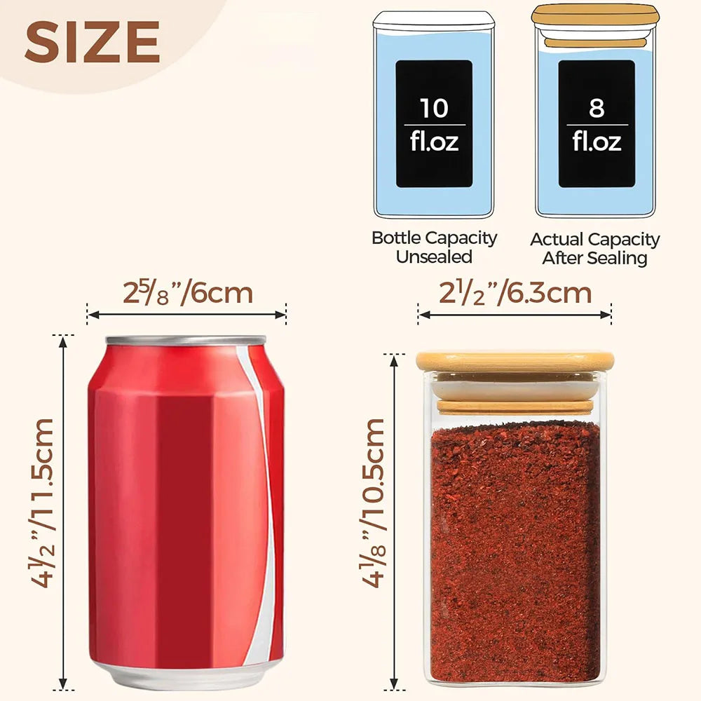 8oz Glass Spice Jars with Bamboo Lids – Airtight Square Containers with Black Labels
