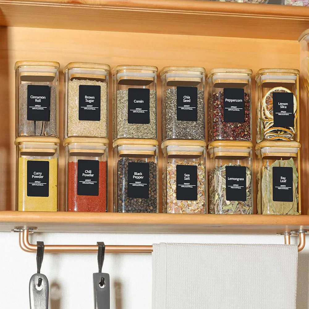 8oz Glass Spice Jars with Bamboo Lids – Airtight Square Containers with Black Labels